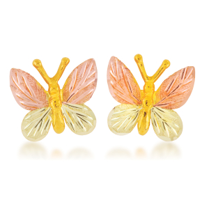 Pink and green gold leaf butterfly stud earrings in yellow gold