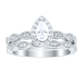 True Promise 1/2 ct. tw Pear Shaped Halo Wedding Set with Milgrain Halo Accented Band in 10K White Gold - 3259380500W-PS