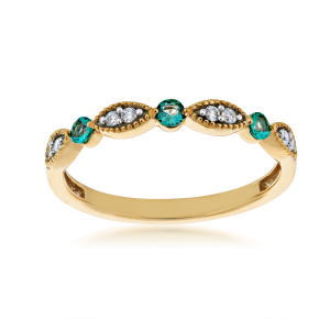 Round Emerald and .06 ct. tw. Diamond Stackable Ring with Milgrain Detailing in 10K Yellow Gold