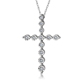 .08 ct. tw. Round Bezel Style Diamond Cross Pendant with Miracle Plating in 10K White Gold - M346810KW