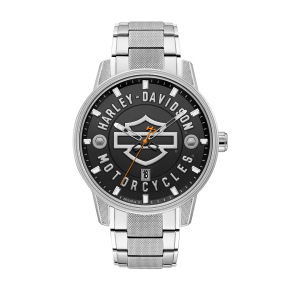 HARLEY DAVIDSON MEN'S OPEN BAR & SHIELD WATCH WITH STAINLESS STEEL BAND AND BLACK DIAL - 76B182