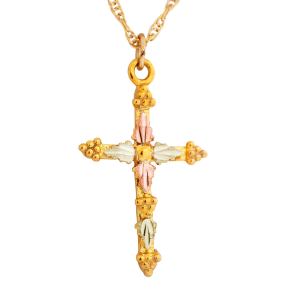 Black Hills Gold Ladies' Slender Cross Pendant with Grape Ends & Leaf Detailing in 10K Yellow Gold - G2147 
