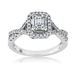 Fairytale Diamonds 5/8 ct. tw. Unique Round & Baguette Emerald Shape Cluster Diamond Halo Engagement Ring in 14K White Gold - RE4131FTA44@14W
