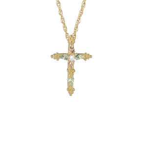 Black Hills Gold Ladies' .03 ct. tw. Diamond Center Slender Cross Pendant with Grape Ends & Leaf Detailing in 10K Yellow Gold - G-2147D