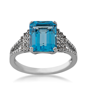 Emerald Cut Swiss Blue Topaz Ring with White Topaz Accented Band in Sterling Silver - R11040BTWTS