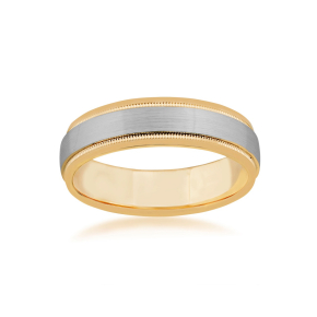 Men's Two-Tone Wedding Band with Milgrain Design and Center Brushed Band in 10K White and Yellow Gold - JM327810WY0A0