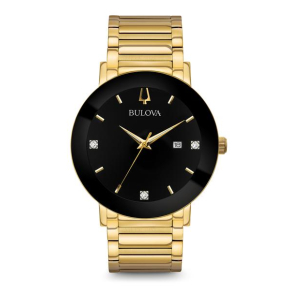 Bulova Modern Collection Men's Black Dial Watch with 3 Diamond Accent in Gold-Tone Stainless Steel  - 97D116