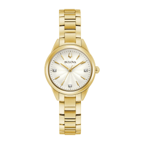 Bulova Ladies' Sutton Gold-Tone Stainless Steel Watch with Silver White Dial and 3 Diamonds - 97P150
