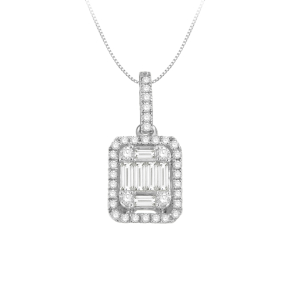 1/4 ct. tw. Straight Baguette Diamond Fashion Pendant with Round Diamond Halo in 10K White Gold - JN7646-GF10W