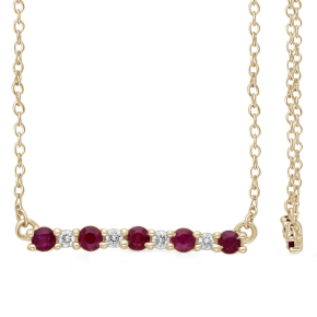 KALLATI Genuine Round Ruby Bar Fashion Necklace with .08 ct. tw. Round Diamonds in 14K Yellow Gold - NE36028DR