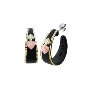 Black Hills Gold Black Powder-Coated Hoop Earrings with Gold-Cut Border and Pink & Green Leaves-G C50698-BR