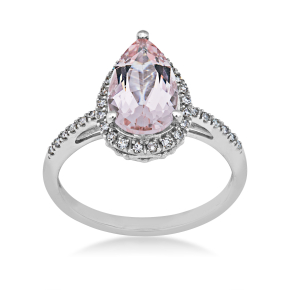 pear morganite ring with diamond halo set in white gold