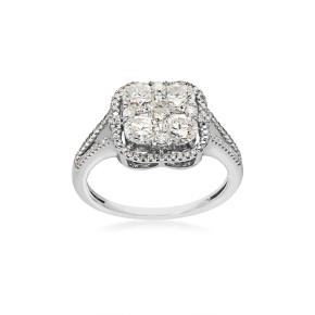 white gold diamond cushion cluster halo ring with split shank