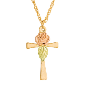 Black Hills Gold Ladies' Rose Cross Pendant with Green Leaf in 10K Yellow Gold - G-SD20217