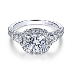 Gabriel & Co. 5/8 ct. tw. Diamond Pave Halo Semi-Mount Engagement Ring with Milgrain Edge Detailing in 14K White Gold - ER7293W44JJ-6.5