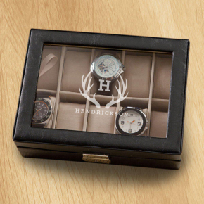 Personalized Monogrammed Black Leather Watch Box Antler -GC1400