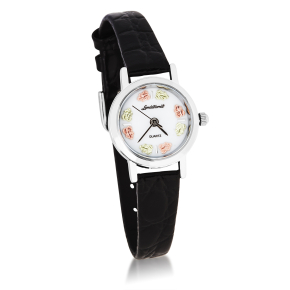 Black Hills Gold Ladies' Stainless Steel Watch with White Dial and Black Leather Band - MRL09250