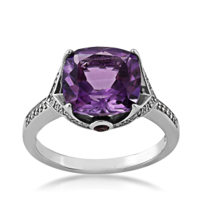 Cushion Amethyst and 1/10 ct. tw. Diamond Ring with Garnet Accents in Sterling Silver - JPR10-0079