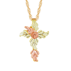 Black Hills Gold Ladies' Pink & Green Leaf Cross with Rose Center in 10K Yellow Gold- G 2156