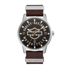 HARLEY DAVIDSON MEN'S OPEN BAR & SHIELD WATCH WITH NATO LEATHER STRAP AND MATTE BLACK  DIAL - 76B178