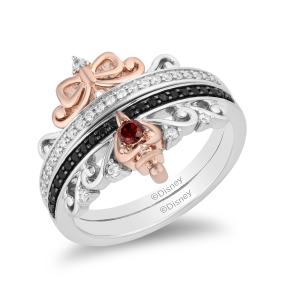 Enchanted Disney Garnet & 1/4 ct. tw. White & Treated Black Diamond Stackable Ring Set in Sterling Silver and 10K Pink Gold