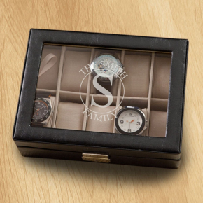 Personalized Black Leather Monogrammed Watch Box Circle -GC1400
