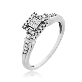 I Promise 1/5 ct. tw. Princess Cut Quad Diamond Promise Ring with Round Diamond Prong Set Halo in 10K White Gold - RE2548A66Q10W-10W