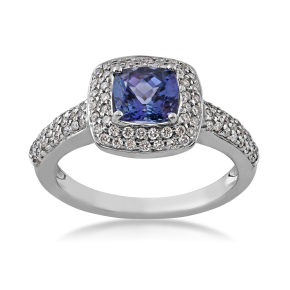 Cushion Tanzanite and 3/8 ct. tw. Diamond Halo Ring in 14K White Gold - R2090@16008