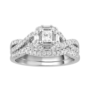 True Promise 5/8 ct. tw. Princess Cut Diamond Wedding Set with Straight Baguette & Round Diamond Halo in 10K White Gold -RB-8285-A66
