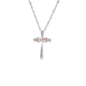 .025 ct. tw. Diamond Cross Pendant with 10K Pink Gold Infinity-Design Ribbon in Sterling Silver