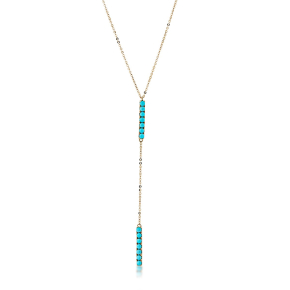 Genuine Round Turquoise Lariat Bar Necklace in 10K Yellow Gold - NN025011TQ