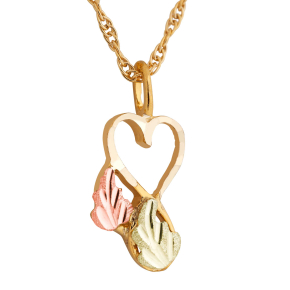 Black Hills Gold Ladies' Hammered Heart Pendant with Pink & Green Leaf Accent in 10K Yellow Gold - G 2173