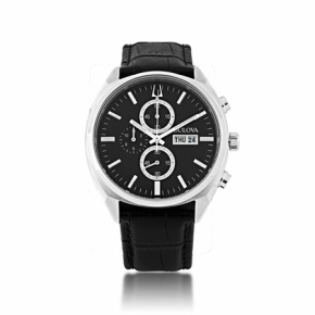 Bulova Men's Black Leather Chronograph Watch with Black Dial - 96C133