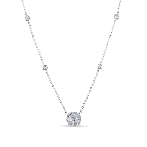Round diamond cluster station necklace with bezel set diamonds