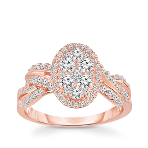 Oval-shaped diamond cluster halo twist shank engagement ring in pink gold