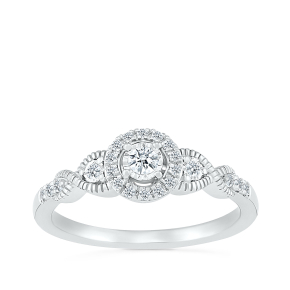 I Promise 1/5 ct. tw. Diamond 3-Stone Miracle Plate Promise Ring with Halo in 10K White Gold