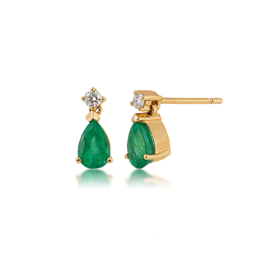 10k Yellow Gold Genuine Pear-Shape Emerald and Diamond Halo Dangle Earrings 